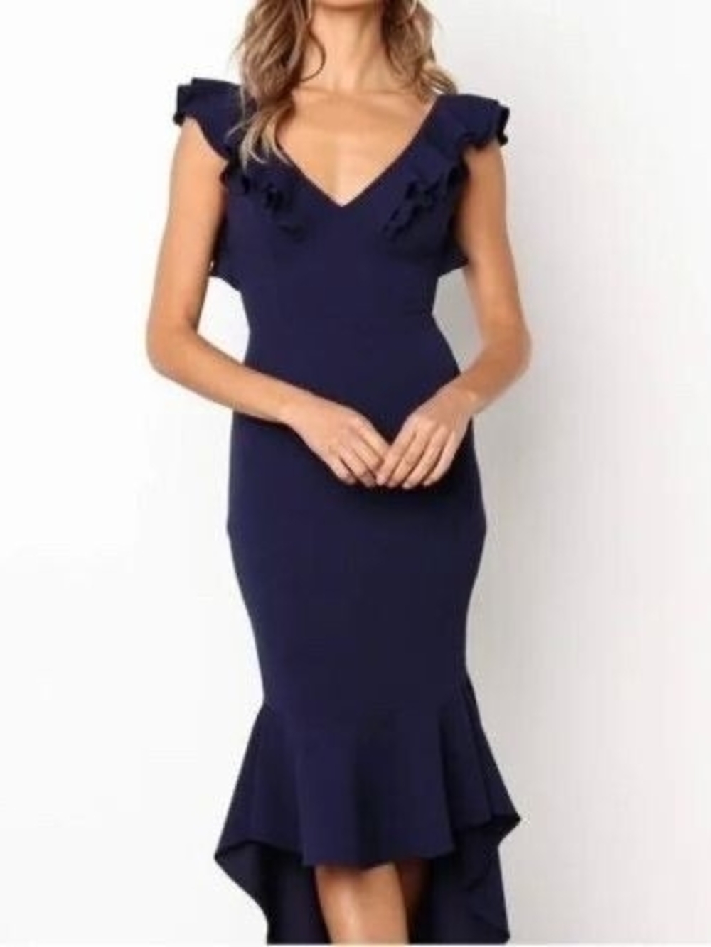 Petal & Pup Navy Ruffle High-Low V-Neck Dress